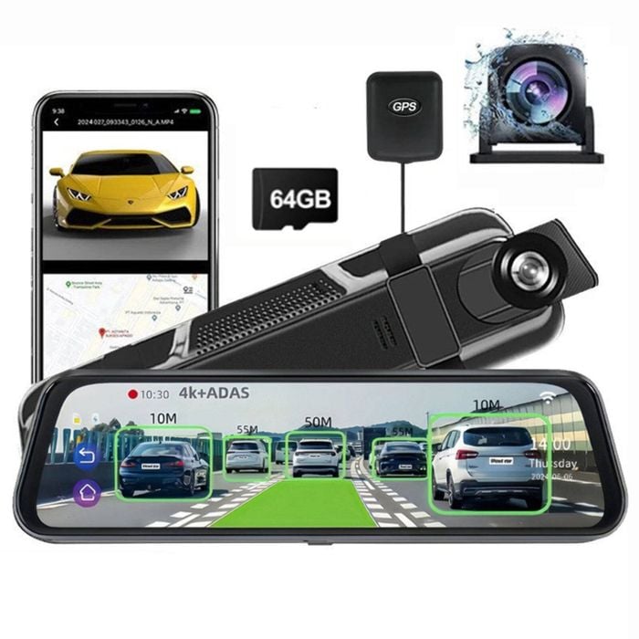 10Inch 4K Mirror Dash Cam, 2K Rear Camera, WiFi GPS ADAS BSD, Stream Media, 64GB Included