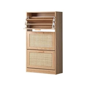 Oikiture 3 Doors Rattan Shoe Cabinet Storage Shoes Rack Organiser Shelf