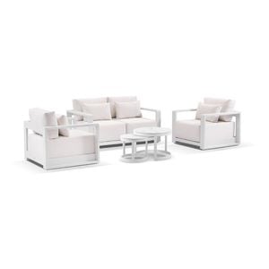 Whitehaven 2+1+1 Outdoor Aluminium Lounge White With Hugo Coffee Table Set & Sunbrella Canvas Cushions