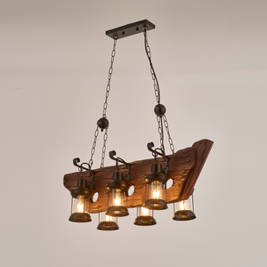 LumenSphere Chalupa 6-Light Retro Wood Pendant - Black Finish, Natural Wood Accents, E27 Base