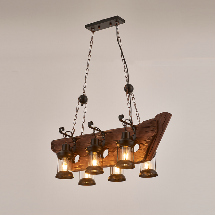 LumenSphere Chalupa 6-Light Retro Wood Pendant - Black Finish, Natural Wood Accents, E27 Base