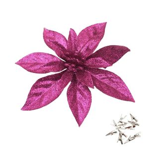 Catzon 12 Pcs Glitter Christmas Flowers with Clips Artificial Poinsettia-RoseRed