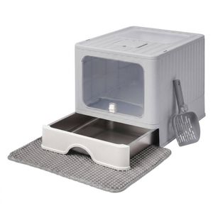 PaWz Cat Litter Box Stainless Steel Enclosed Drawer Odor Control Foldable Grey