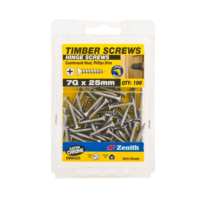 Zenith 7G x 25mm Satin Chrome Countersunk Head Hinge Timber Screws - 100 Pack