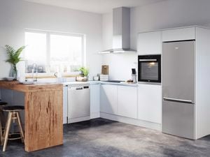Modern white kitchen with a timber bench as a feature