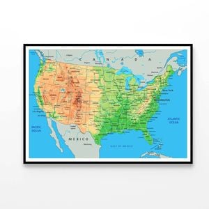 High Detailed USA Physical Map  Print 100% Australian Made 120x90cm  (Poster)
