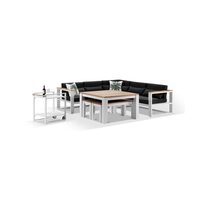 Balmoral Outdoor Aluminium Lounge And Dining Setting With Bar Cart - White Frame Dark Cushions