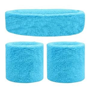 WRISTBAND & HEADBAND SET Tennis Terry Towelling Cotton Sweat Band Team Gym  Sky Blue