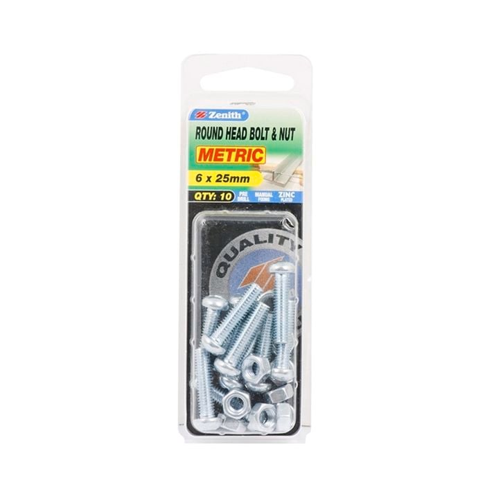 Zenith M6 x 25mm Zinc Plated Round Head Bolt And Nut - 10 Pack