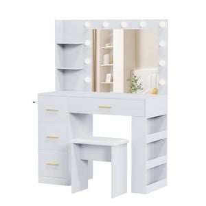 Ufurniture Makeup Vanity Table Stool Set with LED Lights and Charging Station Dressing Table Large Mirror White