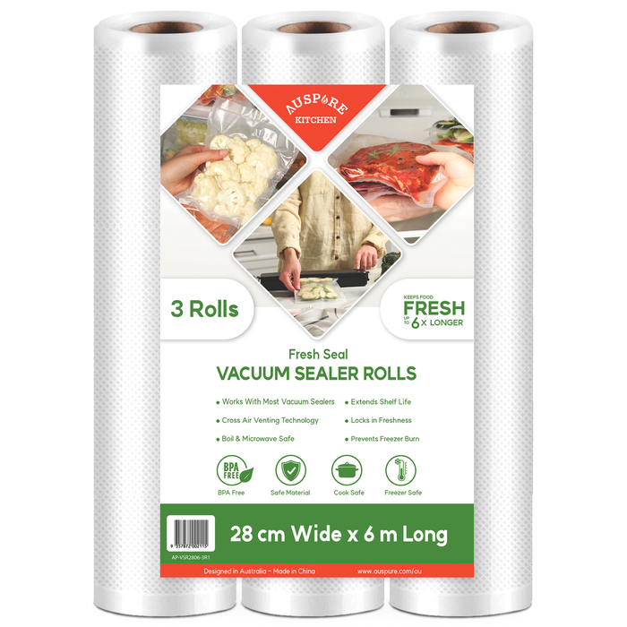 AUSPURE Vacuum Sealer Bags, 28cm x 6m, 3 Rolls for Food Storage
