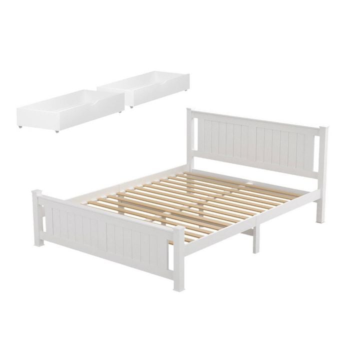 Artiss Bed Frame Queen Size Wooden Platform With 2 Storage Drawers White Rio