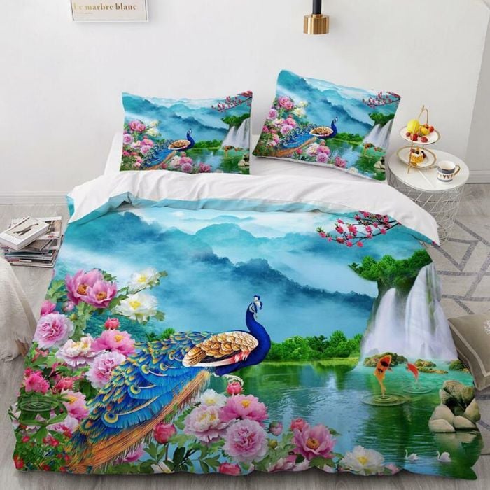 3D Waterfall Peacock 368 Bed Pillowcases Quilt Queen Size