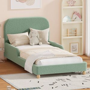 Oikiture Kids Bed Frame Single Size Side Guard Rails Boucle Green