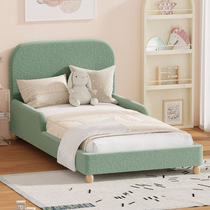 Oikiture Kids Bed Frame Single Size Side Guard Rails Boucle Green