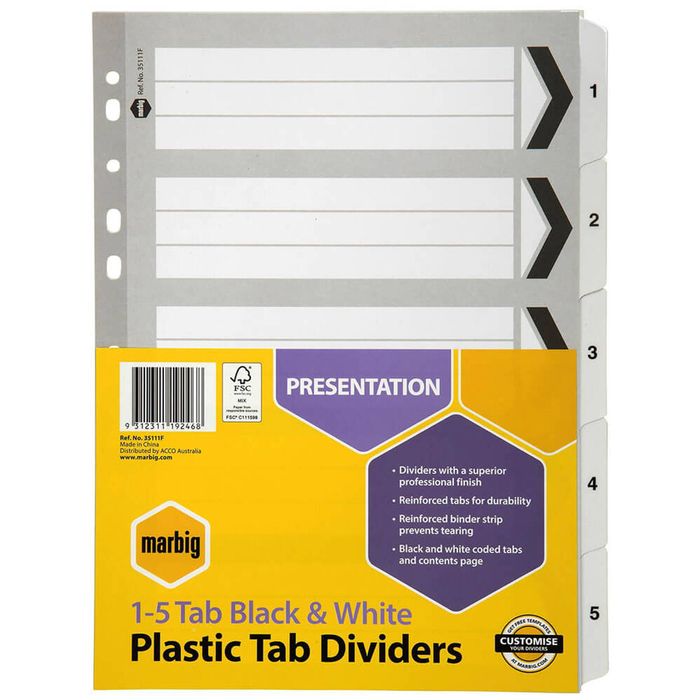 Marbig Manilla Plastic Dividers (Black & White) (1-5 Tab)