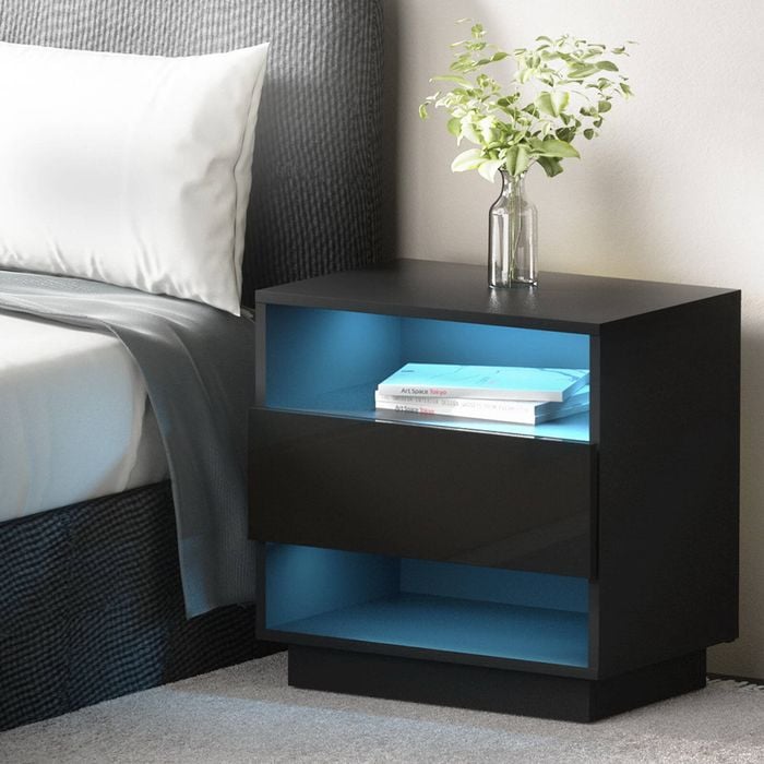Artiss Bedside Table RGB LED Drawers High Gloss Black