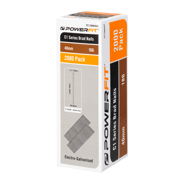 PowerFit 40mm C1 Series Electro-Galvanised Brad Nails - 2,000 Pack