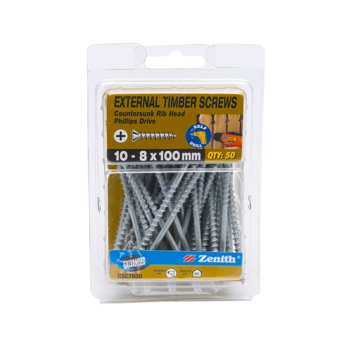 Zenith 10 - 8 x 100mm Galvanised Countersunk Rib Head Timber Screws - 50 Pack