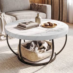 Homfurn 2-tier Round Coffee Table – 80cm Marble Finish, White & Black, Anti-wobble Frame