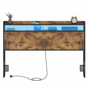 Ufurniture Headboard Double Size with 2-Tier Storage Outlets, USB Ports and LED Light Adjustable Height