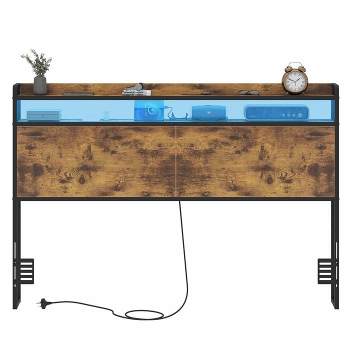 Ufurniture Headboard Double Size with 2-Tier Storage Outlets, USB Ports and LED Light Adjustable Height