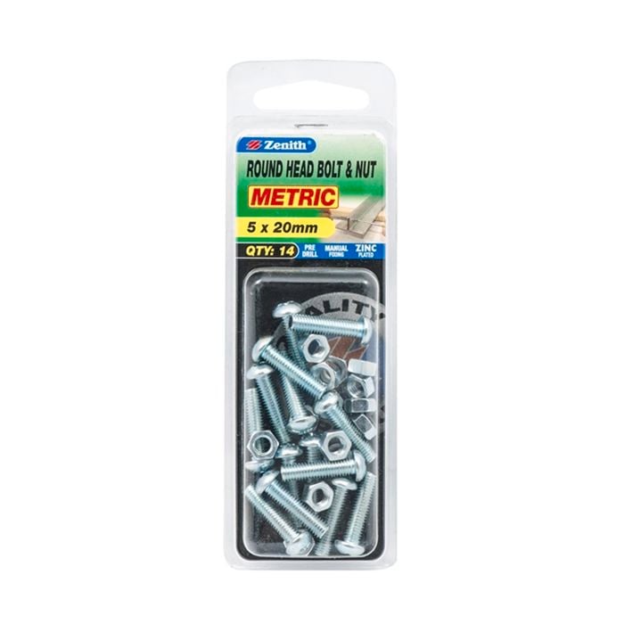 Zenith M5 x 20mm Zinc Plated Round Head Bolt And Nut - 14 Pack