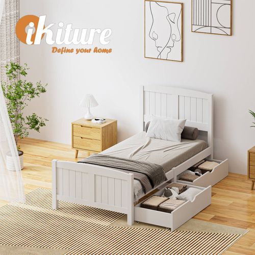 Oikiture Wooden Bed Frame Single Size with Trundle Drawers White ...