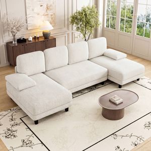 Advwin 280cm 4 Seater Sectional Sofa Corduroy Fabric U Shape Couch Modern Sofa Couch with Double Chaise Beige
