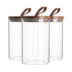 Argon Tableware Glass Storage Jars - Leather Loop Lid - 1l - Modern Round Scandi Organisation Container Glass Jar - Set Of 3
