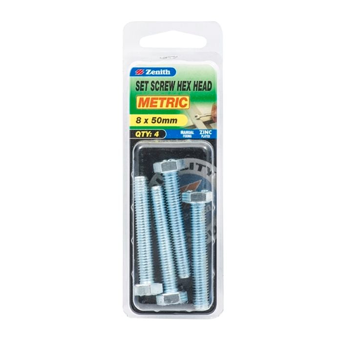 Zenith M8 x 50mm Zinc Plated Hex Head Set Screw - 4 Pack