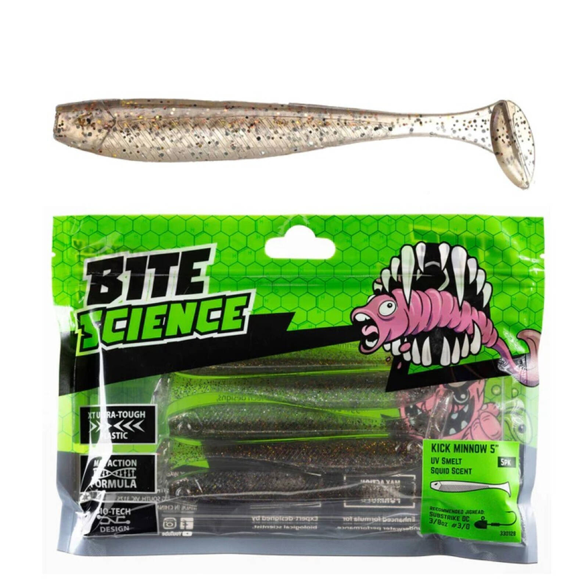 5 Pack of 5 Inch Bite Science Kick Minnow Soft Plastic Lures - UV Smelt ...