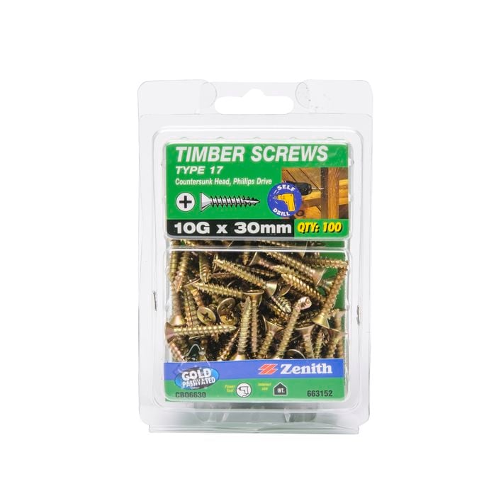 Zenith 10G x 30mm Gold Passivated Type 17 Countersunk Head Timber Screws - 100 Pack