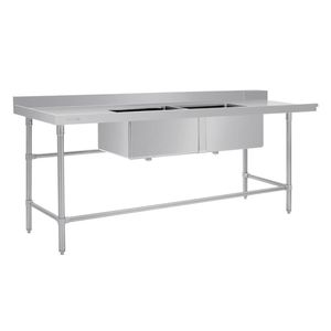 Vogue Dishwasher Inlet Table Double Bowl Sink Left Hand 2400x700x960mm 90mm Outlet Stainless Steel Commercial