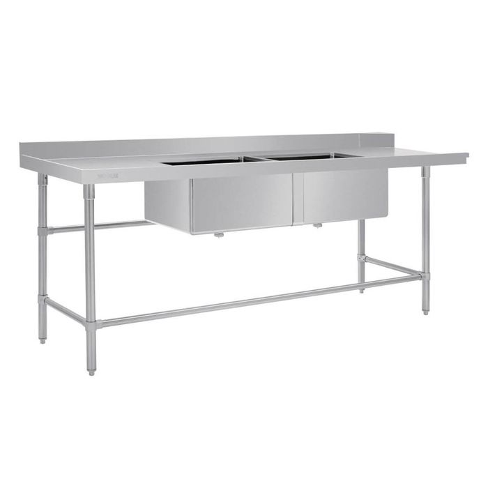 Vogue Dishwasher Inlet Table Double Bowl Sink Left Hand 2400x700x960mm 90mm Outlet Stainless Steel Commercial