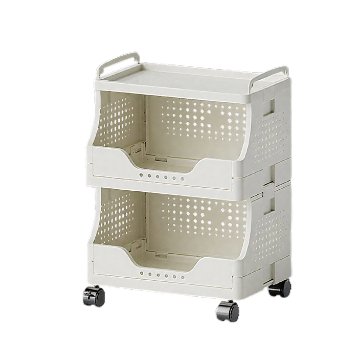 Foret Foldable 3-tier Trolly Storage Cabinet Open Basket Organizer Wheels Gream