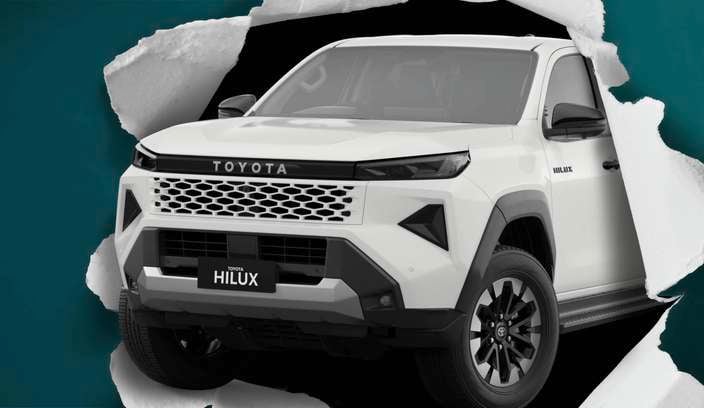 A white Toyota Hilux ute appears to burst through a torn paper backdrop, revealing the front and side of the vehicle against a dark teal background.
