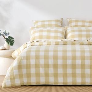 Dreamaker Remy Washed Cotton Yarn Dyed Check Quilt Cover Set Sand Queen