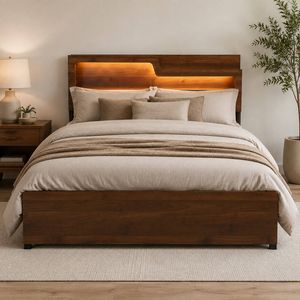 HOMFURN Double LED Bed Frame with Charging Station, Oak Wood Headboard Storage, Metal Slats