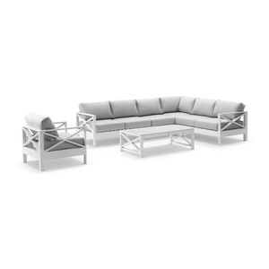 Kansas Outdoor Aluminium Corner Modular Lounge Set White With Chair & Coffee Table Olefin Grey Cushions