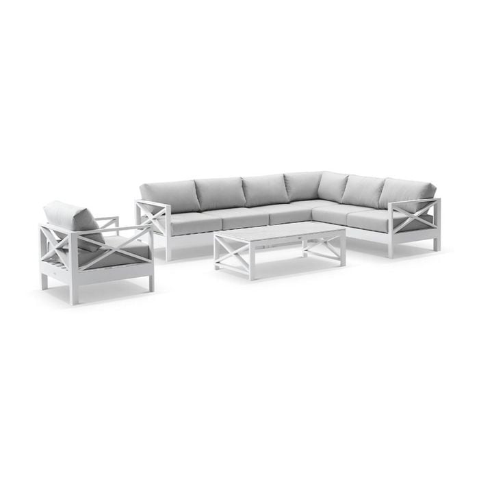 Kansas Outdoor Aluminium Corner Modular Lounge Set White With Chair & Coffee Table Olefin Grey Cushions