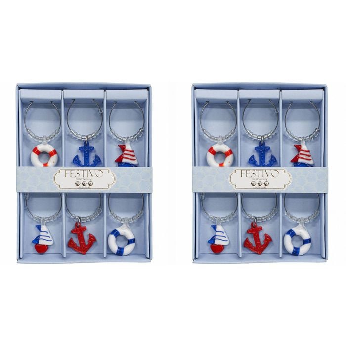 2x LVD 6pc Glass 13cm Wine Charms Nautical Bottle Tag/Marker Set