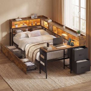 Ufurniture Single Corner Bed Frame With Desk, Shelves, Storage Drawers And Charging Station