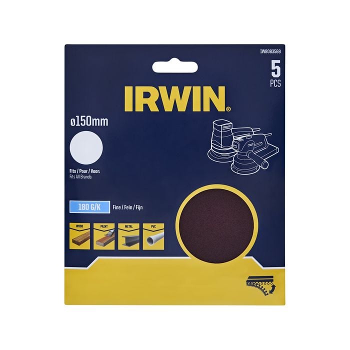 IRWIN 150mm 180 Grit No Holes Random Orbital Sanding Discs - 5 Pack