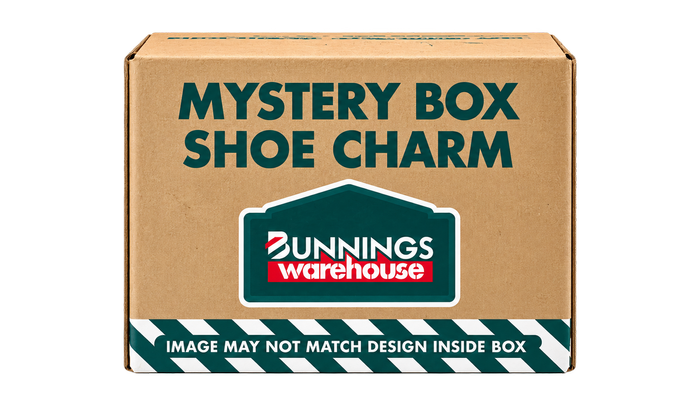 Bunnings Warehouse Mystery Box Shoe Charm cardboard packaging with a disclaimer that the image may not match the design inside.