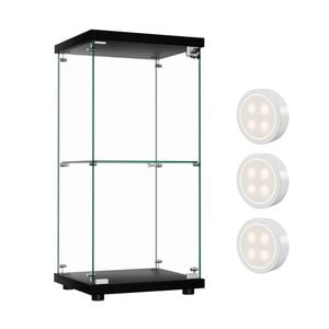 Stacked Display Cabinet 2-Tier Glass Door Black with LED lights