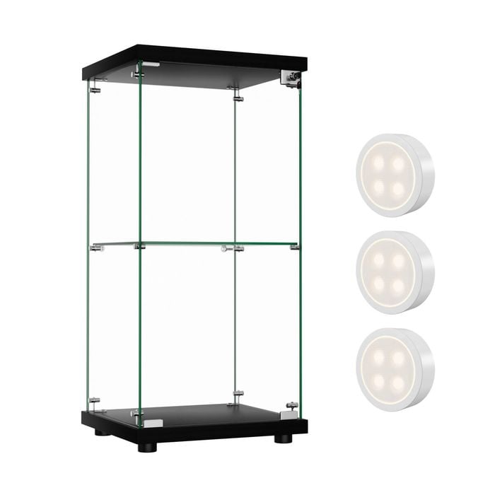 Stacked Display Cabinet 2-Tier Glass Door Black with LED lights