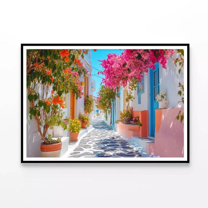 Street with Flowers in Greece  Print 100% Australian Made 90x60cm  (Poster)