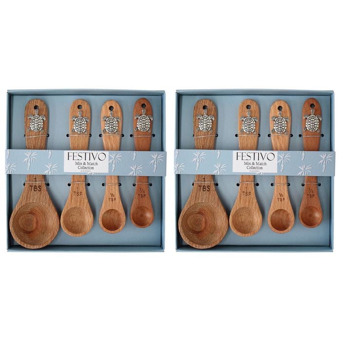 2x 4pc LVD Acacia/Metal Measuring Spoon Set Utensils Turtles