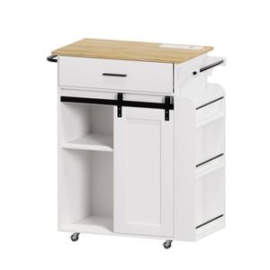 Advwin Farmhouse Kitchen Island Cart on Wheels with Power Outlet White